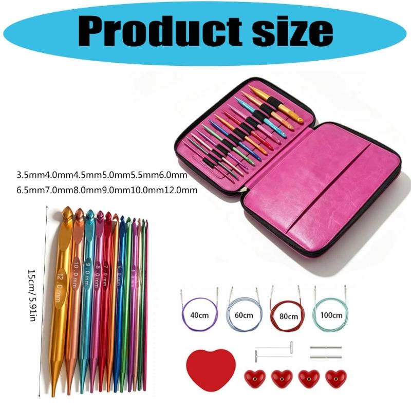 Tunisian Crochet Hook with Connector Cord, 12-Piece Color-Anodized Aluminum Set for Hoop-Filled Row, Garments, Rugs, and Home Decors