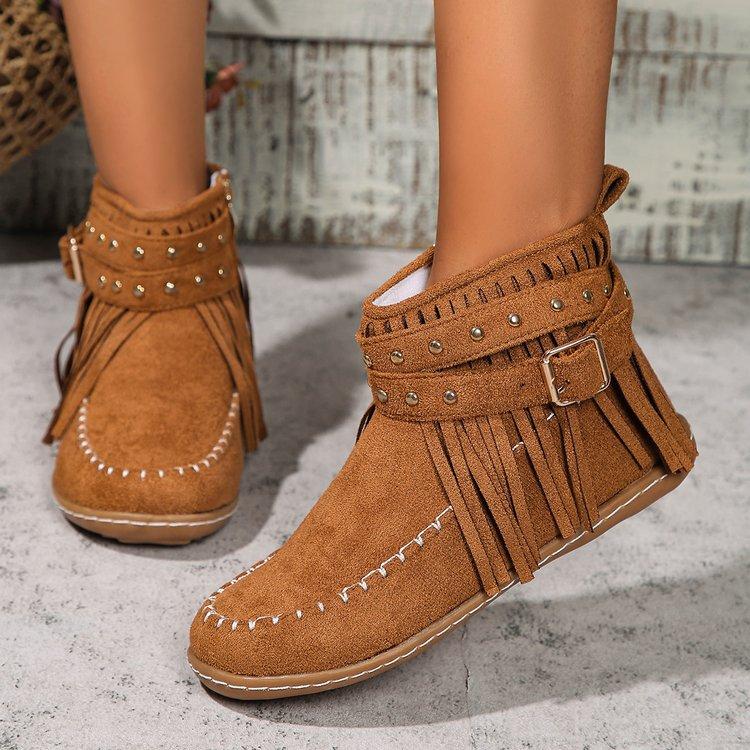 Large Size Rivet Tassel Metal Buckle with Short Tube Cigarette Boots Autumn and Winter New Flat-bottomed Warm Women's Boots