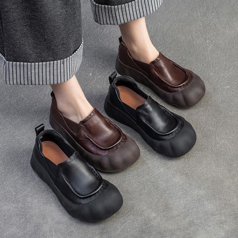 Johnature Genuine Leather Loafers Retro Round Toe Thick Soled Versatile Slip-on Women's Flat Shoes