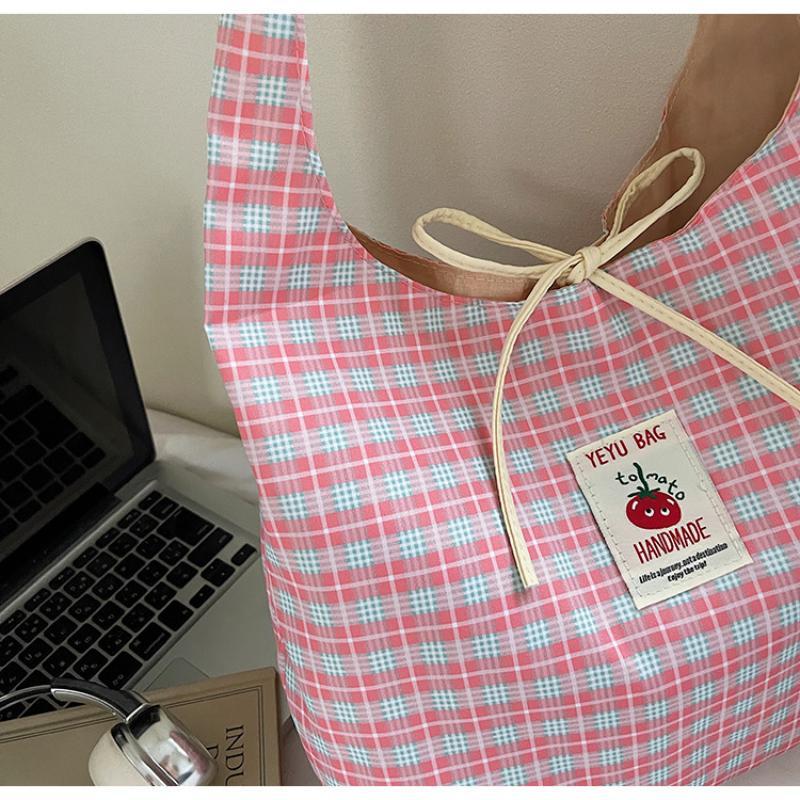 Plaid Shoulder Tote Bag With Cute Bow Decor Large Capacity For Daily Shopping School Commute
