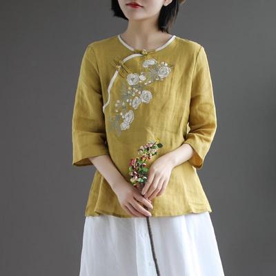 Camisa Retro con hebilla para mujer, Top de estilo nacional chino bordado, camisas Cheongsam florales de manga tres cuartos para primavera y verano