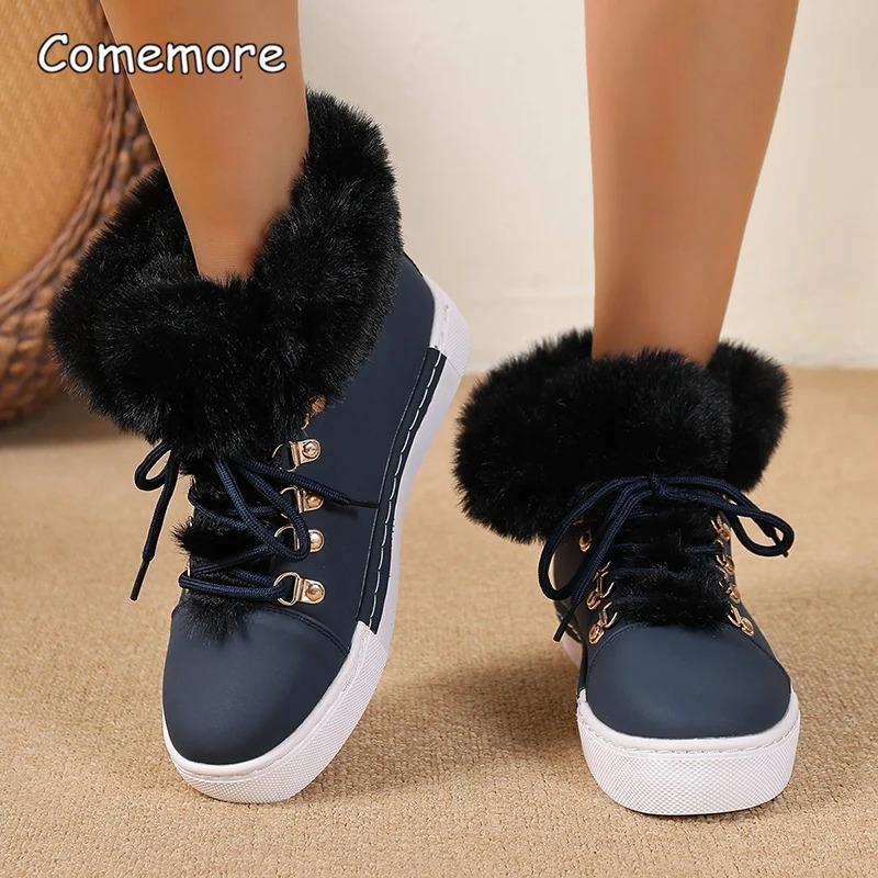 

Fashion Women s Winter Warm Black Fluffy Boots Lace Up Soft Sole Platform Ankle Botas Mujer Non Slip Thick Plush Snow Boots Plus Size 43 36 темно-синий