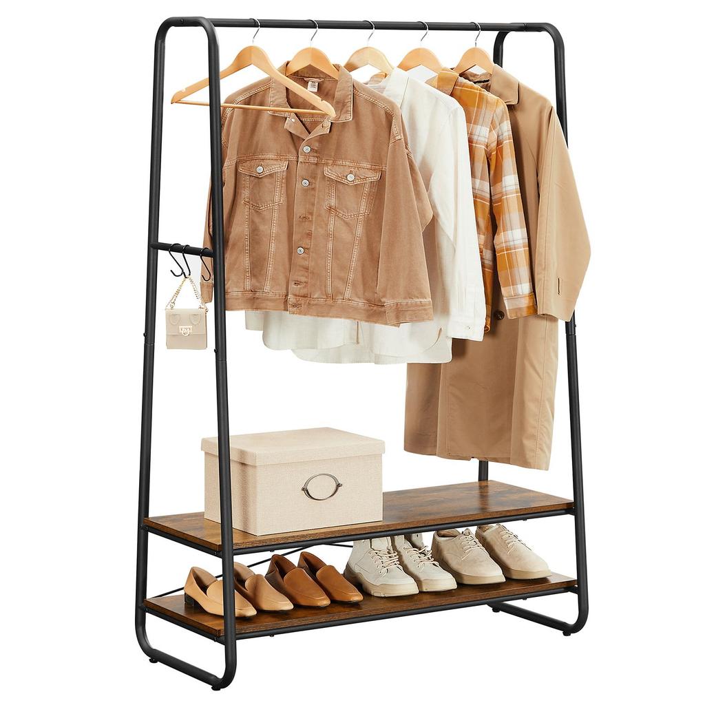 VASAGLE Clothes Rail, Heavy-Duty Clothes Rack with 2 Shelves, 6 S-Hooks, and Steel Frame for Bedroom, Industrial, Rustic Brown and Black