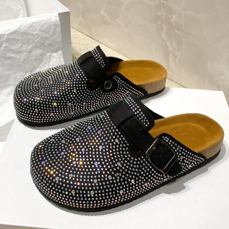 Fashion 2025 New Closed Toe Women's Slippers Fashion Crystal Outdoor Casual Belt Buckle Best Seller Plus Size Comfortable Flat Slippers