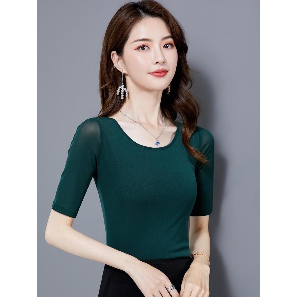 Round Neck Short Sleeve Tshirt Thin Mesh Bottoming Shirt Women's Elegant New Solid Color Half Sleeve Mesh Tops Mujer Camisetas