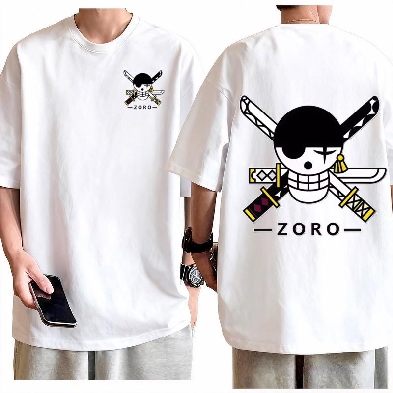 One Piece Roronoa Zoro Doppelschwert Y2K T-Shirt Herren 100% Baumwolle Anime Grafik-T-Shirt Rundhals Kurzarm Lässiges Streetwear Oberteil