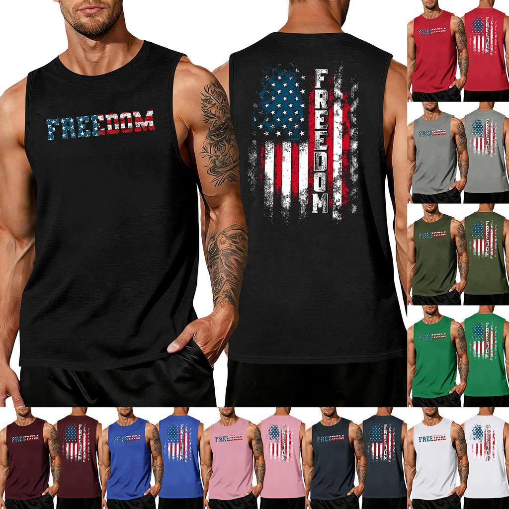 Men's Sleeveless Muscle Tank Top with Letter Print and Flag Pattern Casual Crew Neck Gym Shirt
