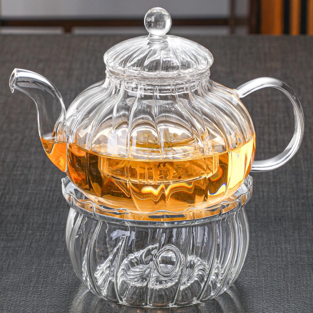 Transparent Pumpkin-Shaped Glass Teapot and Tea Warmer Set, 600ml Capacity, Includes Tea Strainer, Teapot, Pot Warmer, and Candle Holder. Stylish