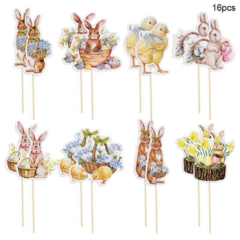 8/16pcs Easter Bunny Chick Cupcake Toppers Happy Easter Party Cake Dessert DIY Decoration Kids Birthday Party Favors Supplies