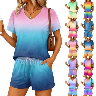 Women Casual Two Piece Set V Neck Short Sleeve Top and Drawstring Waist Shorts Gradient Print Lounge Wear Set
