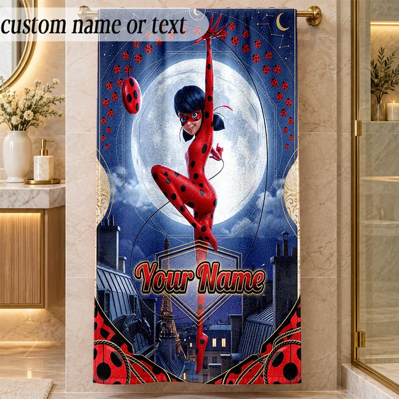 Beach TowelMiraculous Ladybug Custom Name Text Personalized Soft Towel for Beach Pool Indoor Home Decor Gift