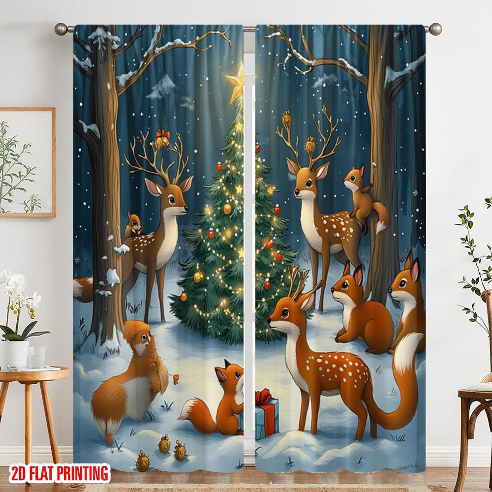 2pcs,2D plane printing Contemporary Curtains Forest Animals Christmas Woodland Festive Versatile Polyester Fabric (without rod)