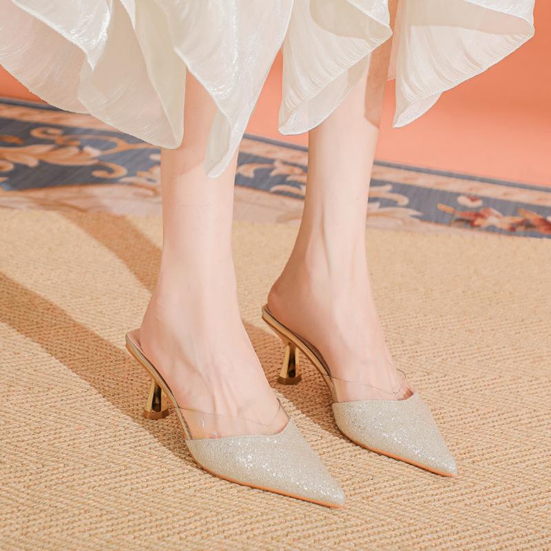 Champagne bag head half slippers female simple temperament versatile sandals stiletto high heels slippers large size