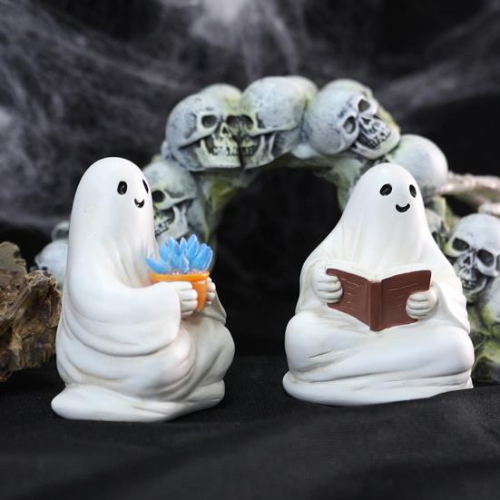 2 Pcs Sitting Ghost Ornaments Reading Ghost Figurine Resin Ghost Holding Potted Plant Statue Halloween Decor for Cabinet Mantel