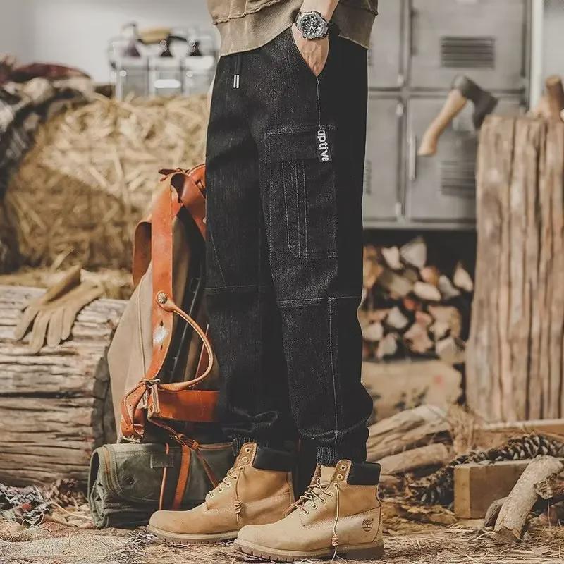 Men s Heavyweight Retro Wide-Leg Harem Jeans - Trendy Autumn/Winter Overalls Large чёрный