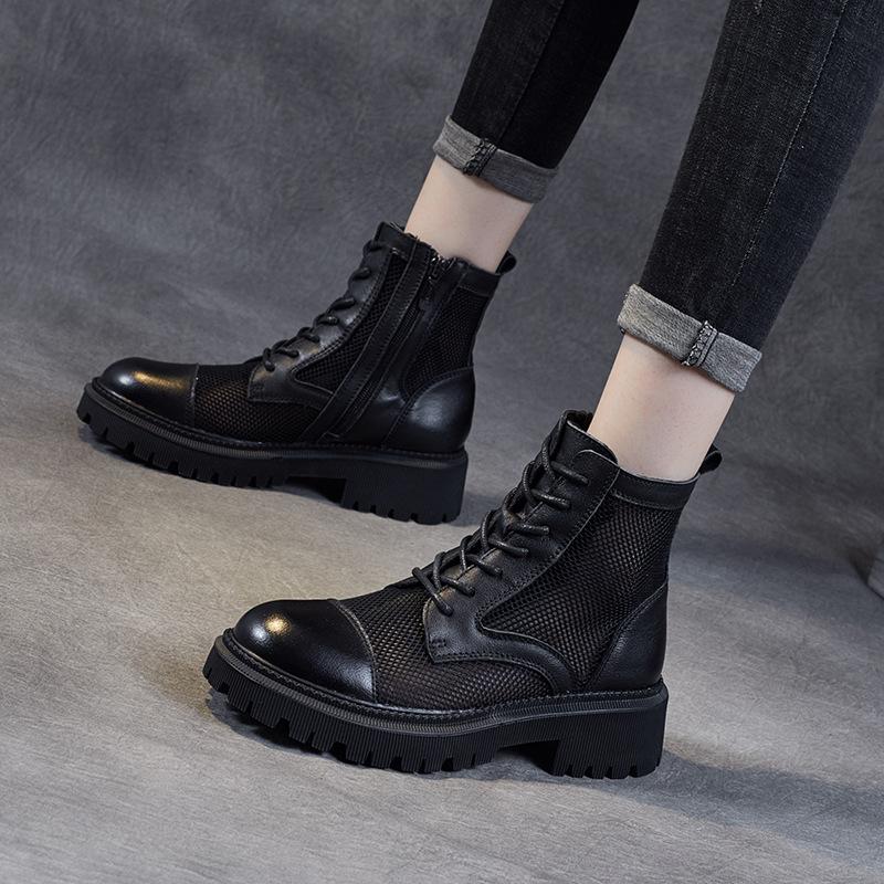 Spring 2025 New Breathable Mesh Shoes First Layer Cowhide Short Boots British Retro Women's Boots Summer Fashion Sandals