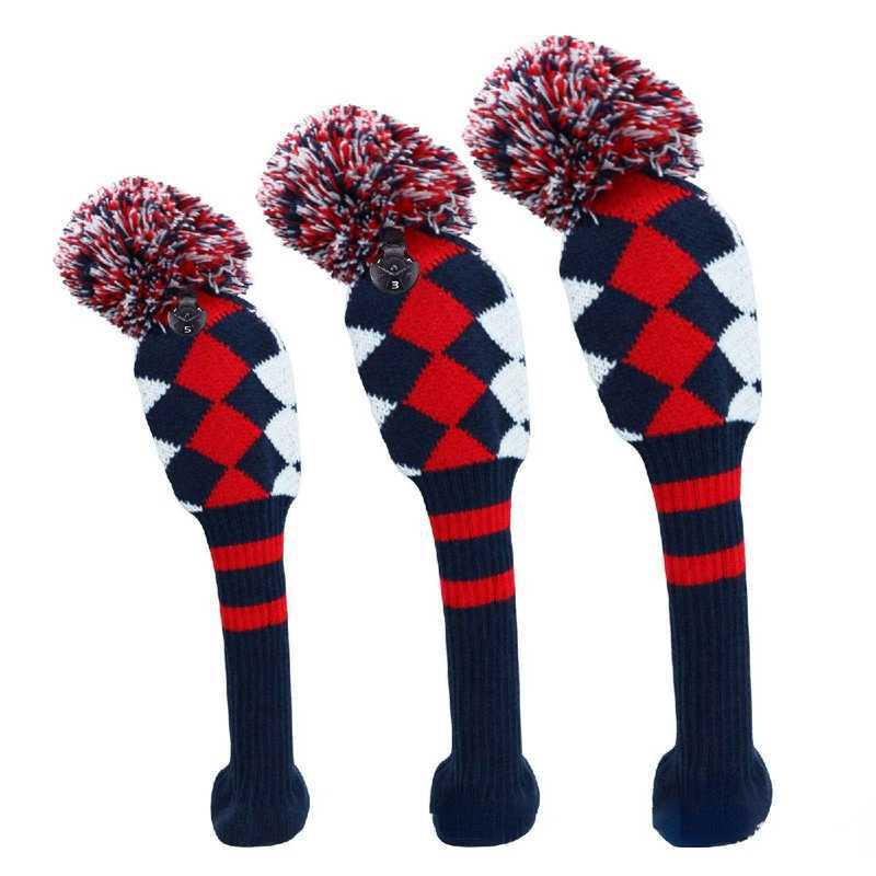 Striped Golf Club Headcovers - Set of 3 Knit Protective Covers for Woods (1/3/5) with Pom Pom Design.