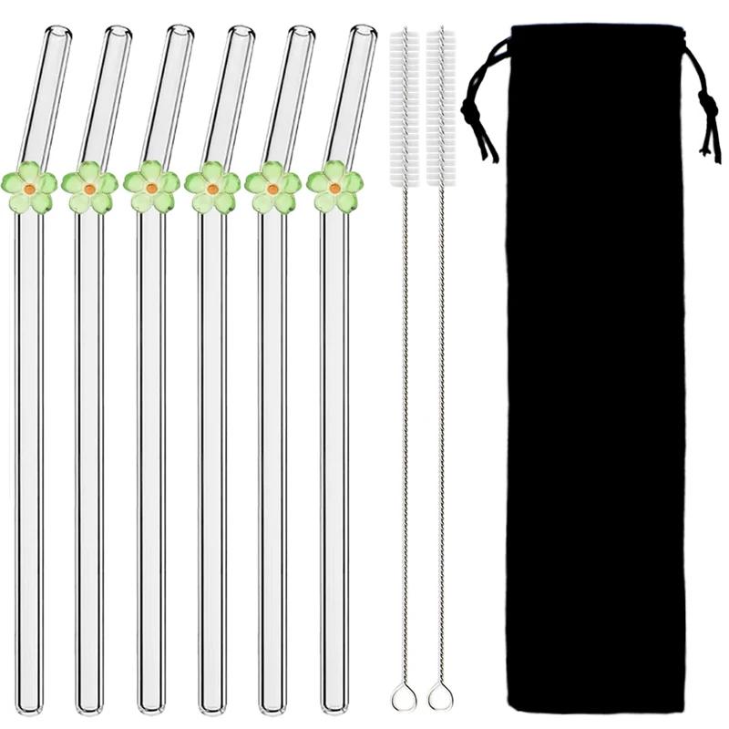 6Pcs Reusable Glass Straw Set High Borosilicate Smoothie Cocktails Straw Healthy Eco Friendly Drinking Straw with Clear Brush