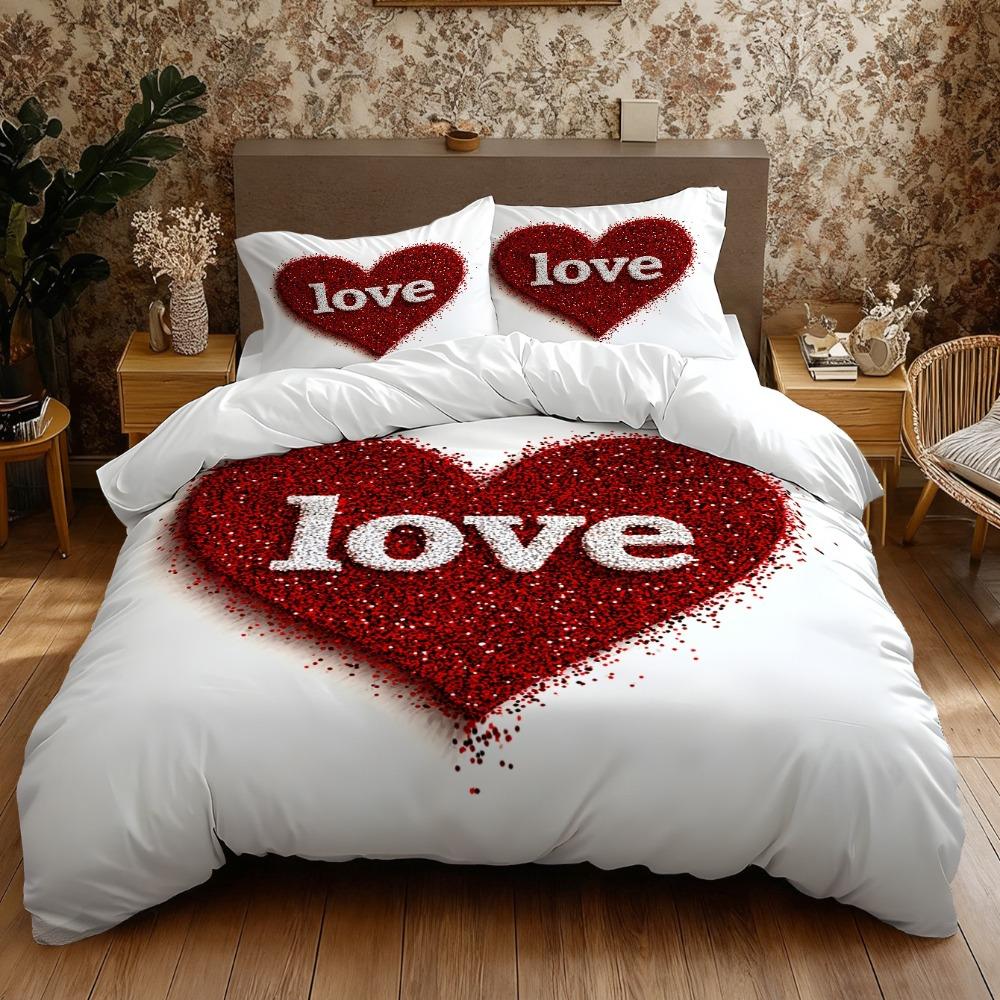 Love Printed Comfortable Bedroom Duvet Cover And 1/2 Pillowcases Set Digital Print Machine Washable Bedding Collection
