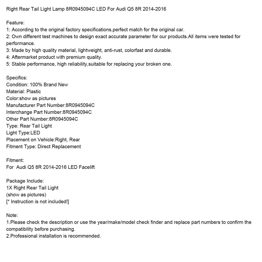 Ansamblu lampă spate auto pentru Q5 8R 2014-2016 LED Facelift Lampă spate dreapta spate frână stop lampă semnalizator 8R0945094C