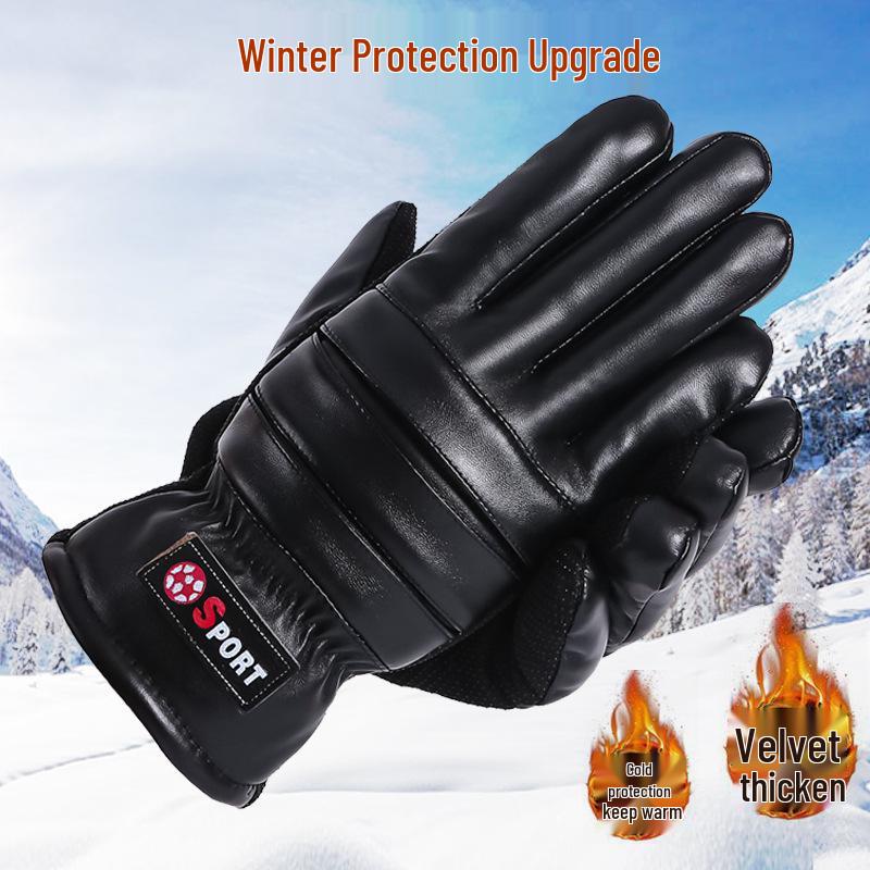 Men's and Women's Thick Plus Velvet Leather Gloves: Windproof, Non-slip for Cycling and Motorcycling