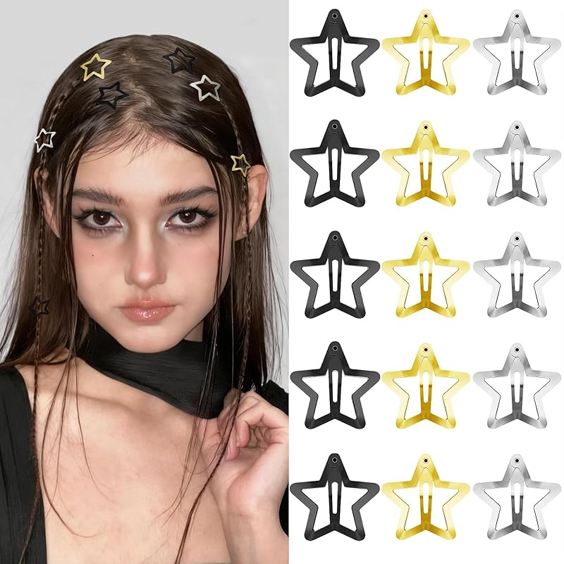 Star Hair Clips 2000s Y2K Black Gold Silver Star Hair Accessories Snap Hair Barrettes Non Slip Metal Hair Clips for Girls Women -15 PCS 1.18 15 P - 1.18 -black,gold,s