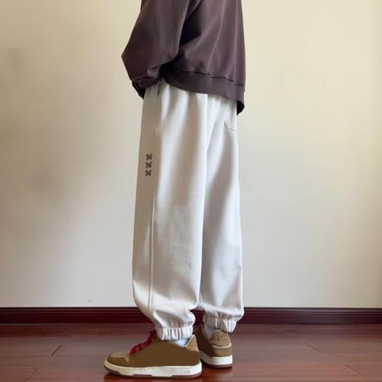Spring Fall Men Sport Pants Loose Drawstring Elastic Waist Pockets Ankle-banded Letter Embroidery Exercise Trousers Daily Wear Sweatpants