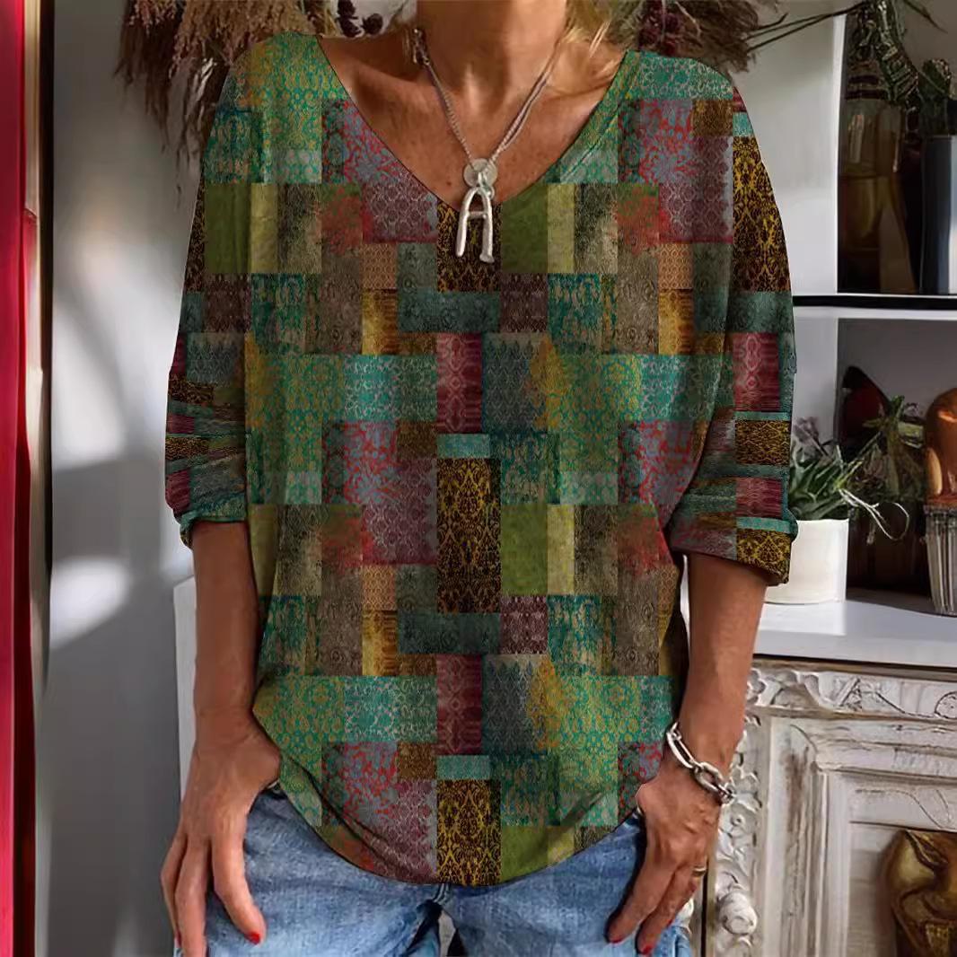 

Весенне-осенний топ с V-образным вырезом и 3D-принтом в стиле ретро-блоков, модные повседневные женские футболки с длинным рукавом S