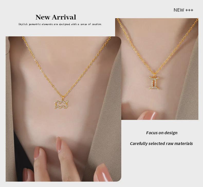 Custom Fashion Gold Titanium Steel Necklace with Zodiac Pendant and Rhinestones
