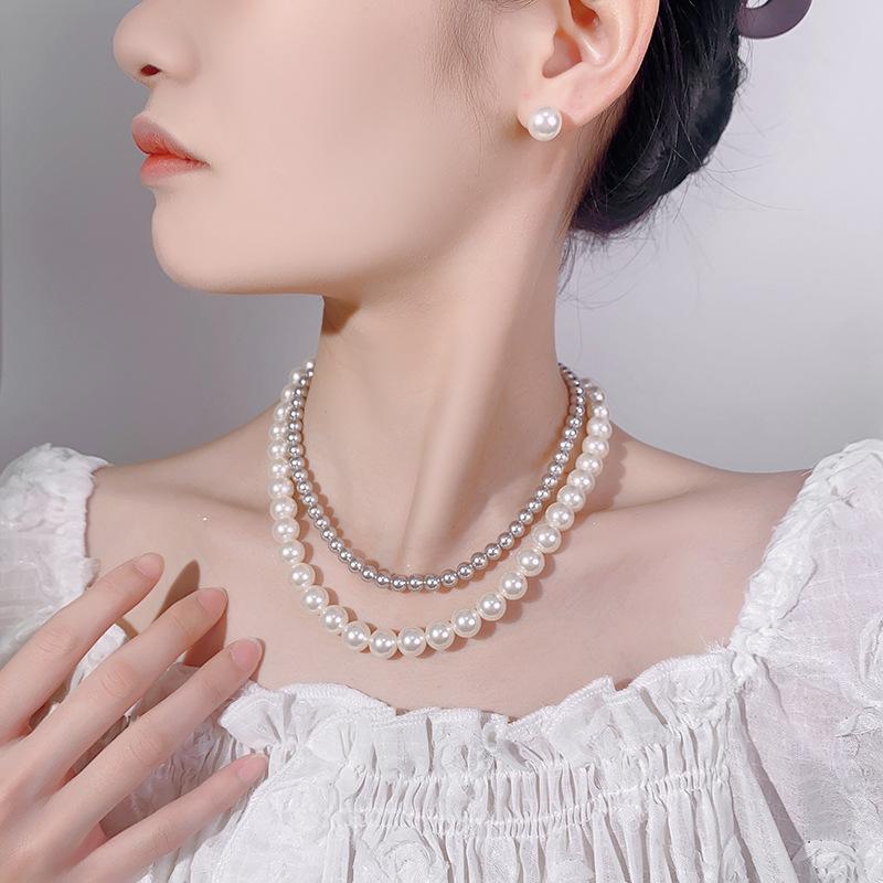 Pearl Set, Necklace, Stud Earrings, Eight-Figure Buckle Stacked, Double Chain Women'S Earrings.