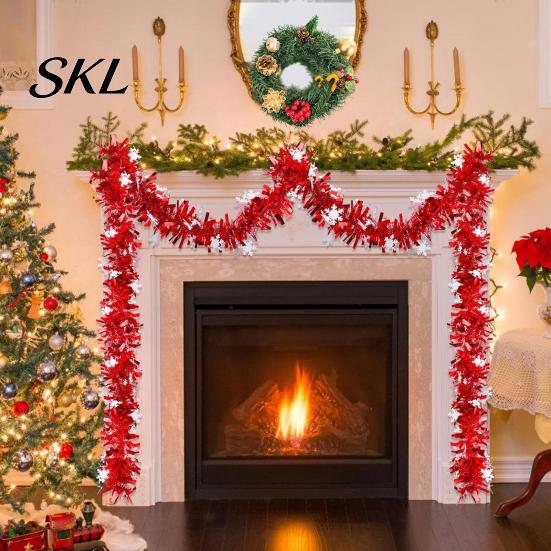 Snowy Winter Tree Ornaments 78 Inch Red Christmas Tinsel Garland, Holiday Shiny Metallic Foil Twist Garland Flexible Hanging for Party with Snowflake