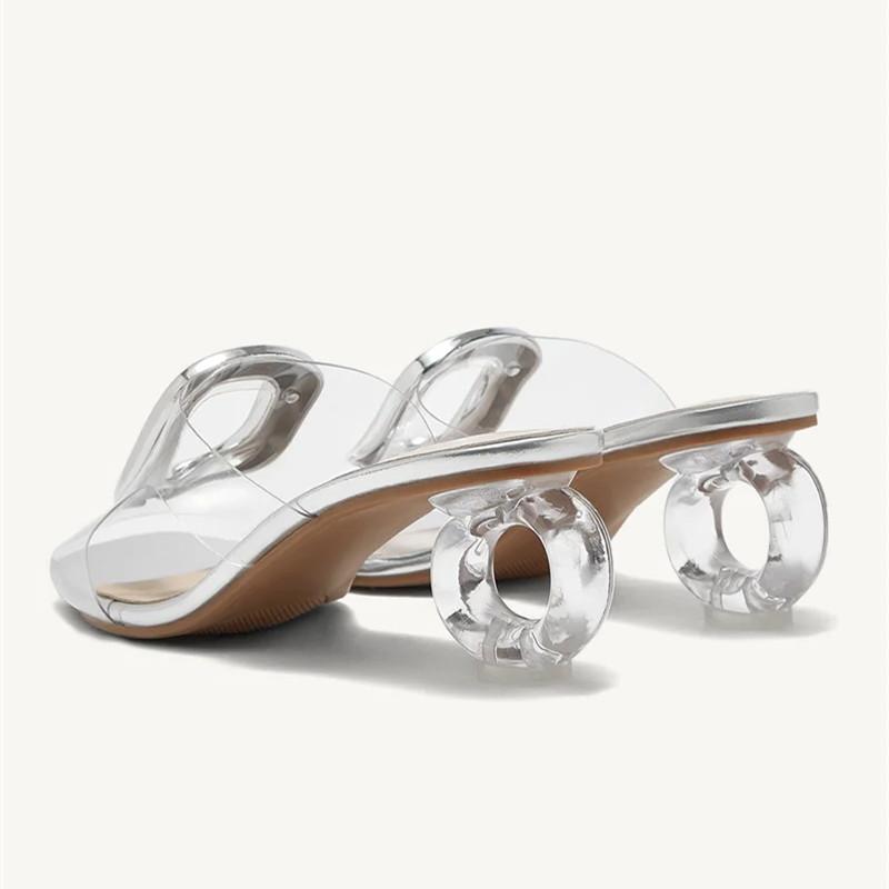 Fashion Novelty Strange Clear Heel Slippers Women Metal Decoration High Heel Slide Sandals Summer Transparent Pvc Strap Beach Flip Flop