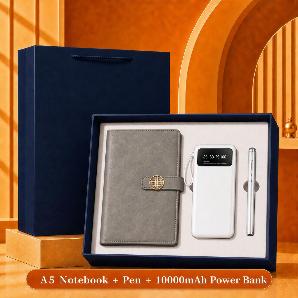 Custom Logo 7-in-1 Business Gift Set Power Bank Bluetooth Speaker Vacuum Flask 304 Stainless Steel Silver Gift Box