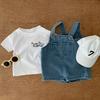 Stylish Baby Denim Suspender Short Set For Boys And Girls With Trendy White Short Sleeve T-shirt