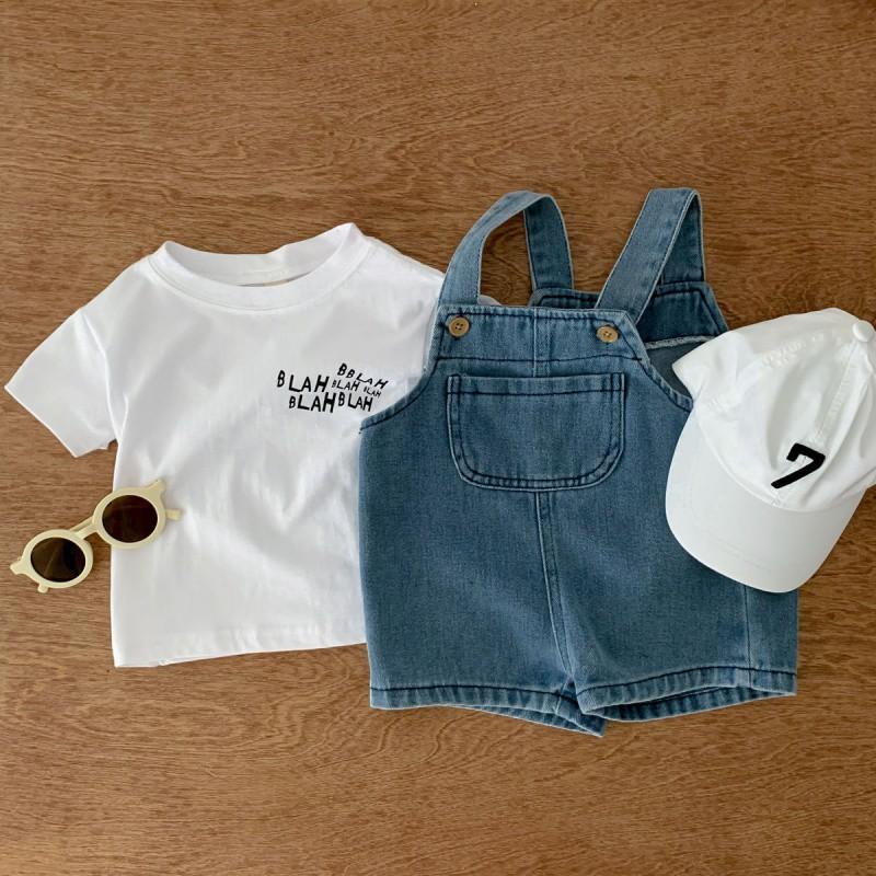 Stylish Baby Denim Suspender Short Set For Boys And Girls With Trendy White Short Sleeve T-shirt