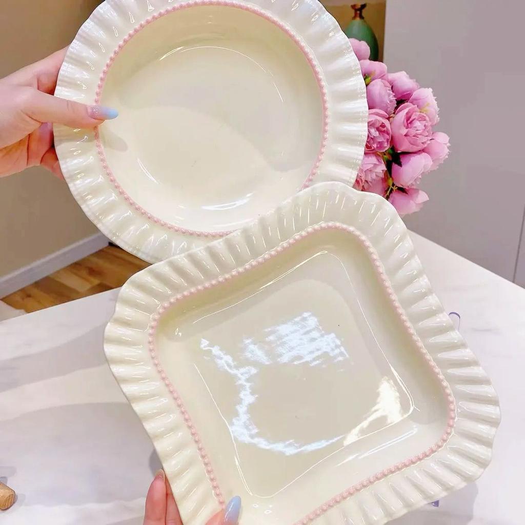 Cream Style Ceramic Square Plate, Straw Hat Plate, High-end Thickened and Heat-resistant Plate, High-value Vegetable Plate