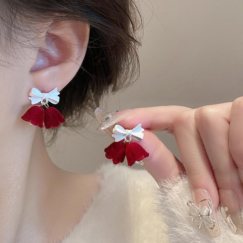Festive red velvet bow stud earrings women s earrings temperament sweet flower long fringed earrings earrings autumn and winter