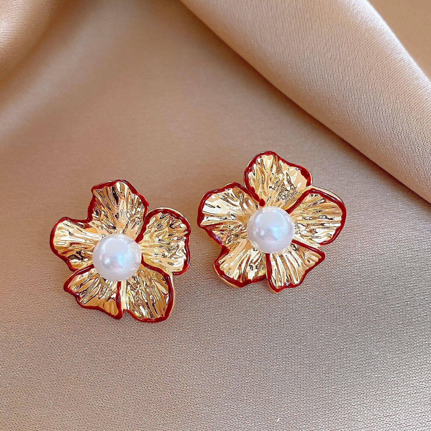 18k real gold electroplated red hollow flower pearl earrings stud earrings retro earrings women