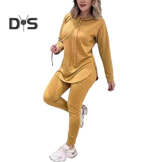 2 Teile/Satz Damen Oberteile Hosen Set Mit Kapuze Lange Ärmel Einfarbig Schlitz Saum Sweatshirt Elastische Taille Slim Fit Hose Sport Outfit Herbst Frühling Trainingsanzug