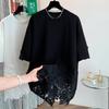 Dimanaf 2025 Women Summer Loose Plus Size T-Shirt Short Sleeves Cotton Vintage Lace Tops Tees Solid