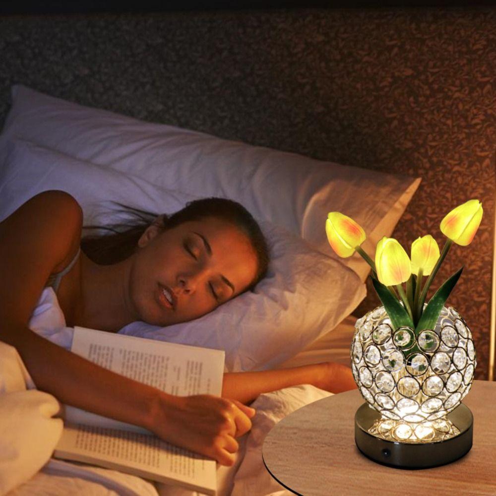 3 Color Tulip Crystal Flower Lamps Infinitely Dimming Desk Lamp Romance Flower Light  Bedroom