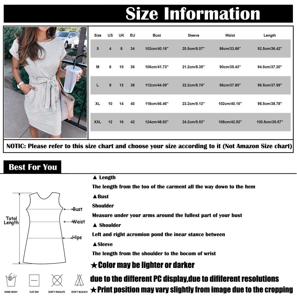 Fashion Womens Loose Summer Short Sleeves Round Neck Casual Striped Belt  Dress