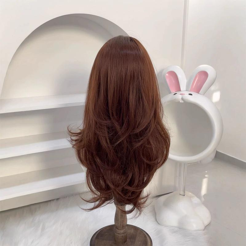 Synthetic Brown Wig Women Wig for Cosplay High-Layered Wavy Hair Wig with Hair Bangs 26inch Long Wig for Women Daily Party Use