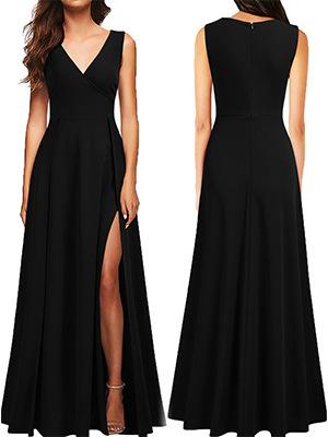 European and American Women's Clothing Sexy Black Dress Long Dress New Fashion Pleated Sleeveless Slit Tide