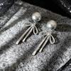 Bow Gray Pearl Earrings Women'S High-End French Tassel Long Stud Earrings Light Luxury Temperament Sweet Cool Style Earrings