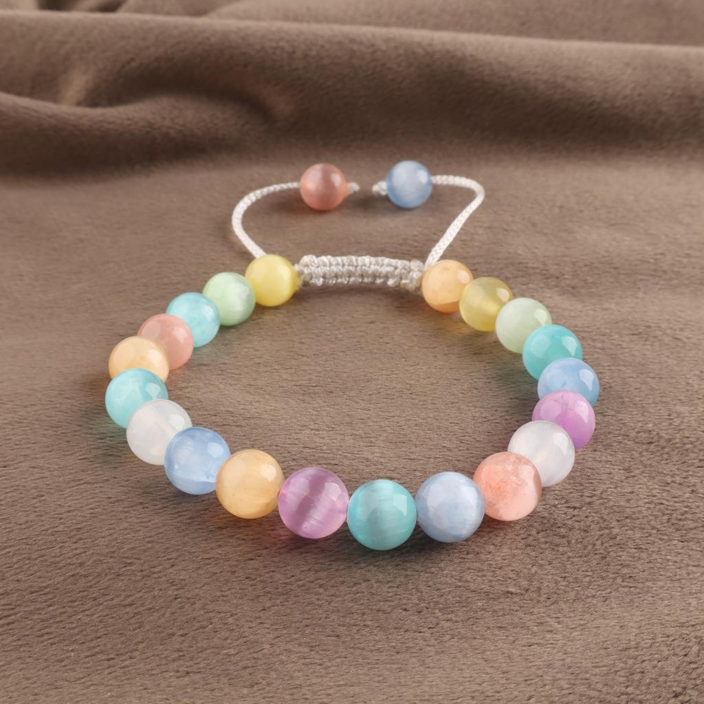Colorful Selenite Beaded Bracelet, Adjustable Multicolor Gemstone Bracelet, Handmade Natural Stone Jewelry for Women/Men