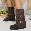 Belt Buckle Mid-leg Boots Autumn and Winter New Square Toe Suede Sleeve Block Heel Women's Shoes