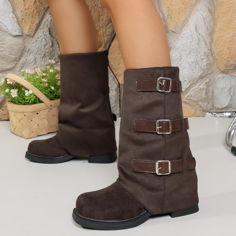 Belt Buckle Mid-leg Boots Autumn and Winter New Square Toe Suede Sleeve Block Heel Women's Shoes