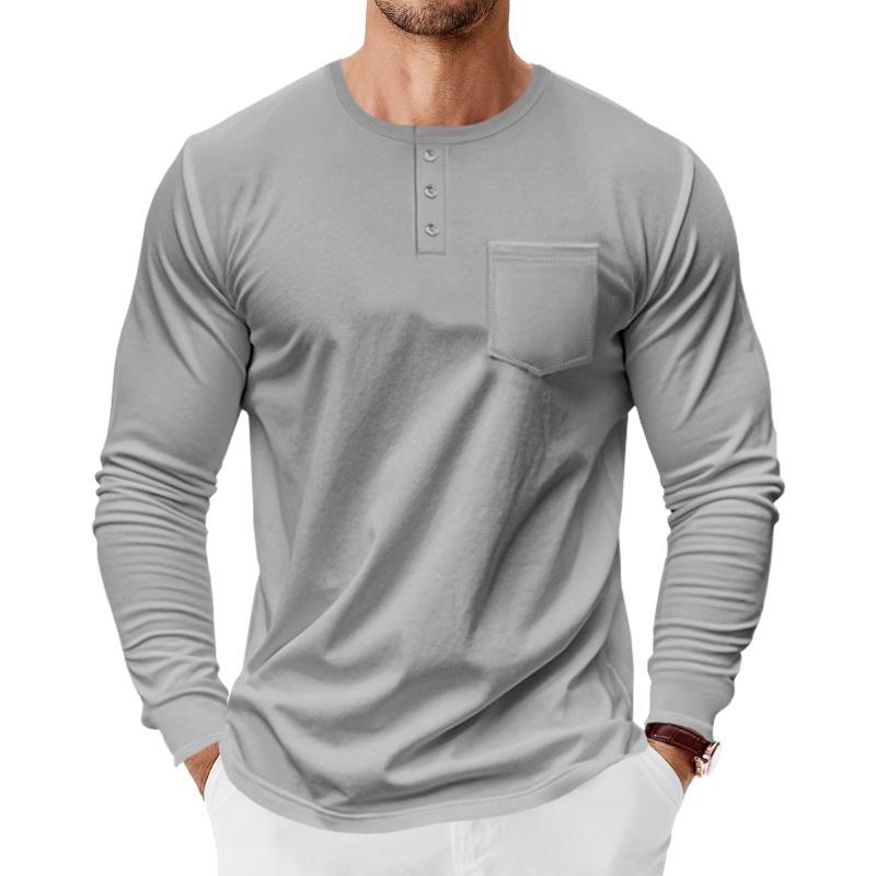 Mens Long Sleeve Henley Shirt Loose Fit Pocket Tee For Spring Autumn