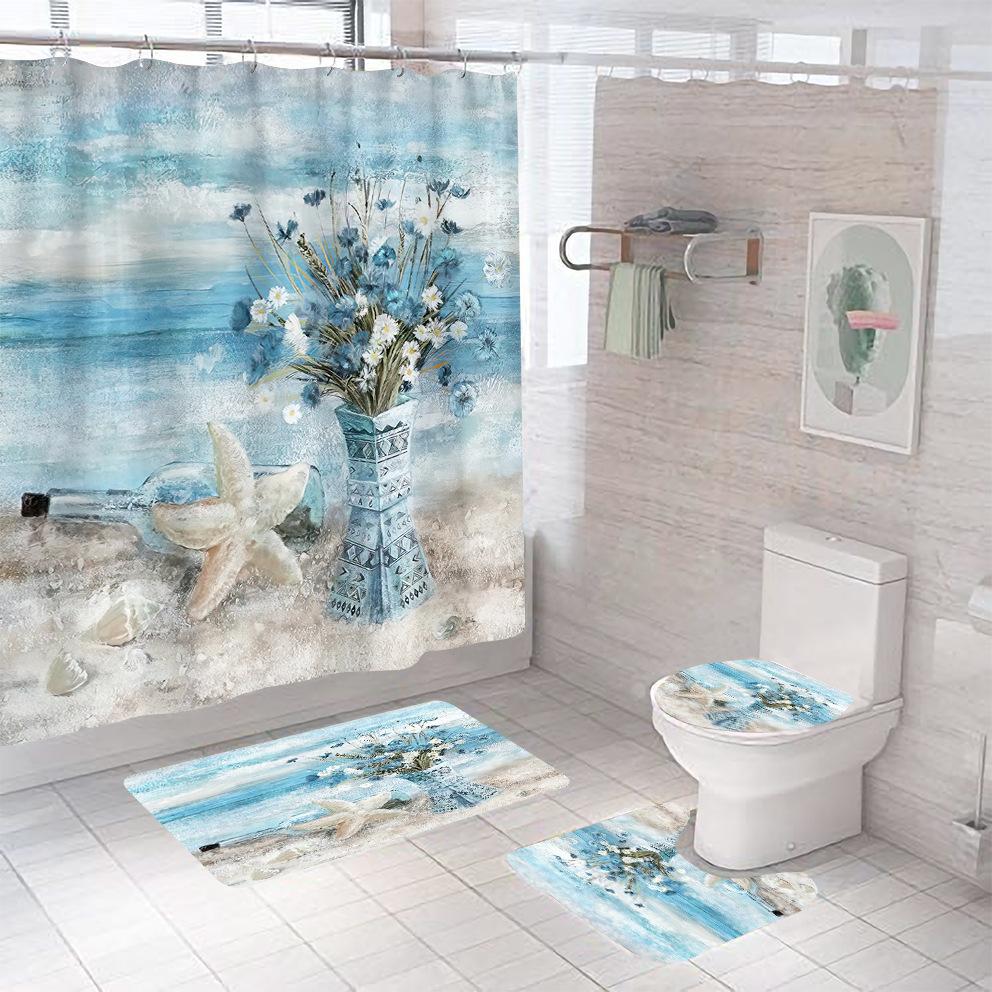 Bathroom Shower Curtain Four-piece Digital Printing Beach Shell Waterproof Shower Curtain Shower Curtain Partition Curtain Bath Mat